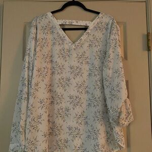 LOFT Floral V-Neck Blouse - Cream and Blue